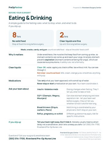 Sample one-page guide: Eating and Drinking before surgery, prepared for Riverbend Surgery Center, a fictional sample facility