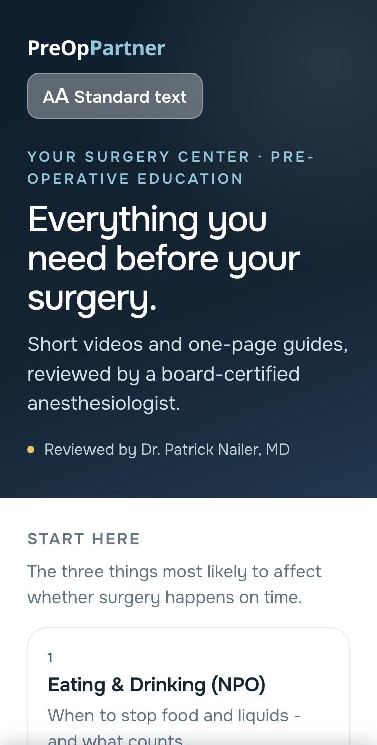 The PreOp Partner patient hub on a phone: Everything you need before your surgery, then Start Here with Eating and Drinking, Your Medications, and The Day of Surgery, each with Watch and Guide buttons