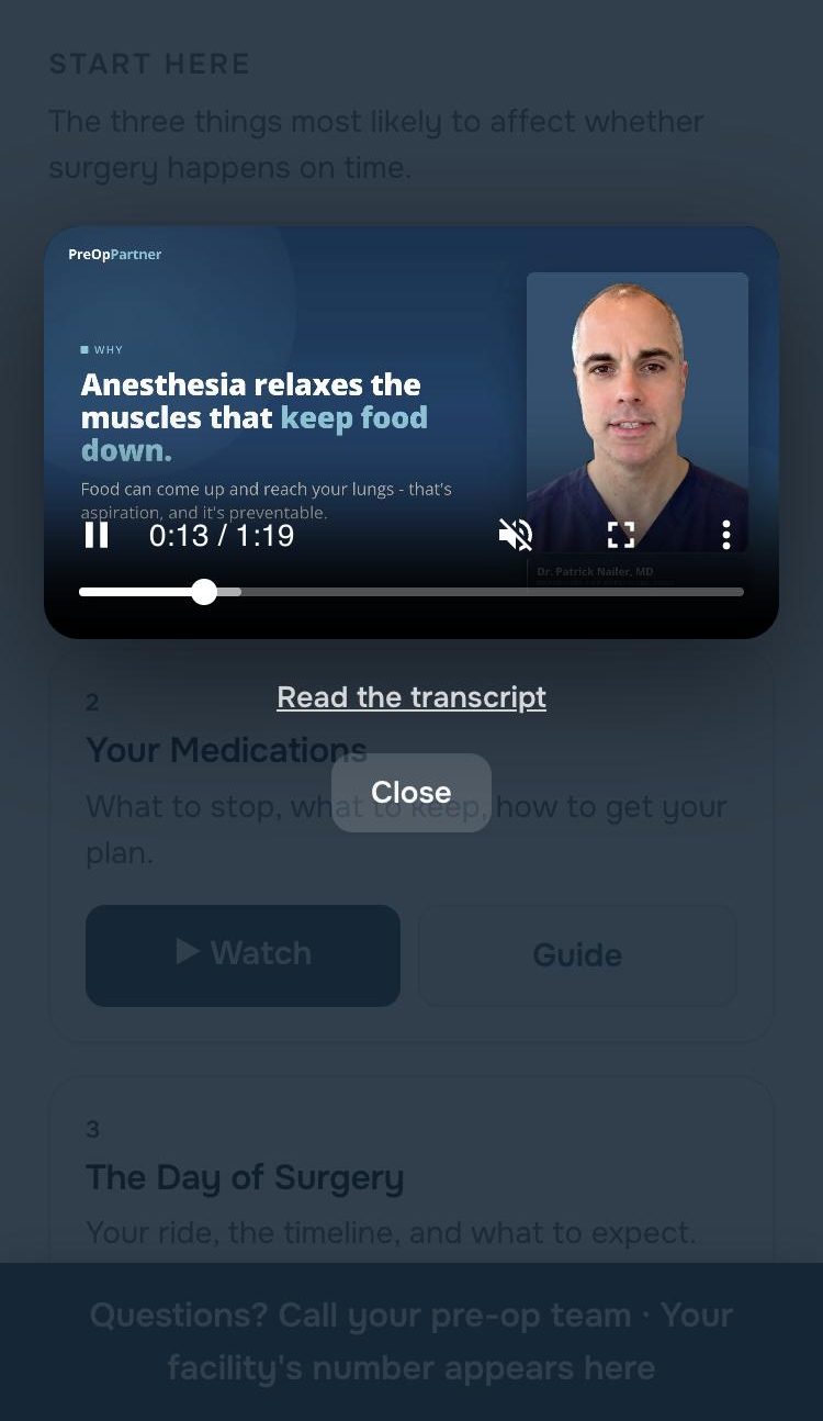 A module playing inside the hub on a phone: Dr. Nailer on the right, the slide Anesthesia relaxes the muscles that keep food down on the left, with Read the transcript and a Close button below, and the pre-op team phone line at the bottom